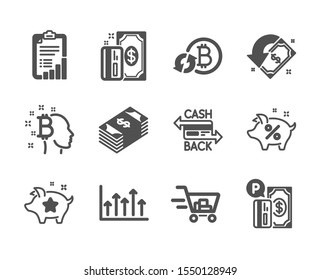 Set of Finance icons, such as Bitcoin think, Payment, Shopping cart, Loyalty points, Parking payment, Checklist, Cashback, Usd currency, Refresh bitcoin, Growth chart, Loan percent. Vector