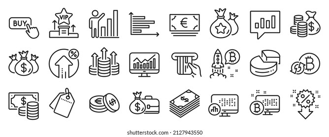 Set of Finance icons, such as Bitcoin project, Horizontal chart, Euro currency icons. Statistics, Loyalty points, Pie chart signs. Coins banknote, Vip podium, Budget. Discount, Coins bag. Vector