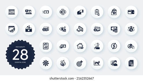 Set of Finance icons, such as Bitcoin chart, Loyalty points and Donate flat icons. Wallet, Target, Cash web elements. Check investment, Hot offer, Clipboard signs. Usd exchange, Sale. Vector