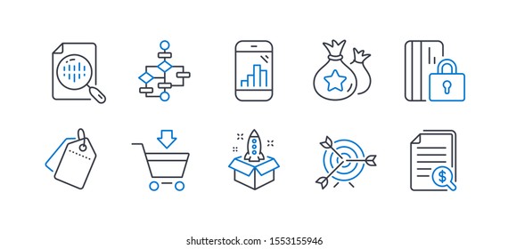Set of Finance icons, such as Block diagram, Online market, Sale tags, Graph phone, Startup, Loyalty points, Target, Blocked card, Analytics chart, Financial documents line icons. Vector