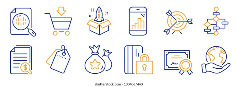 Set of Finance icons, such as Block diagram, Online market. Certificate, save planet. Sale tags, Graph phone, Startup. Loyalty points, Target, Blocked card. Vector