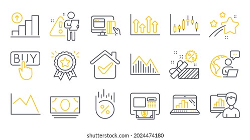 Juego de iconos de Finanzas, como Comprar, Pago en línea, Símbolos de gráfico de líneas. Premio de Lealtad, Venta, Señales gráficas de Inversión. Placa de presentación, gráfico de candelabros, flechas superiores. Dinero en efectivo, Atm. Vector
