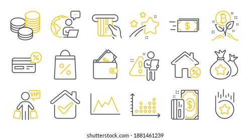 Set of Finance icons, such as Cashback, Diagram, Tips symbols. Credit card, Loyalty points, Bitcoin project signs. Money transfer, Loyalty star, Loan house. Wallet, Vip shopping, Dot plot. Vector