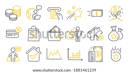 Set of Finance icons, such as Cashback, Diagram, Tips symbols. Credit card, Loyalty points, Bitcoin project signs. Money transfer, Loyalty star, Loan house. Wallet, Vip shopping, Dot plot. Vector