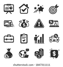 Set of Finance icons, such as Check investment, Graph chart, Target symbols. Portfolio, Car leasing, Payment message signs. Checklist, Coins, Online loan. Cash, Online payment flat icons. Vector