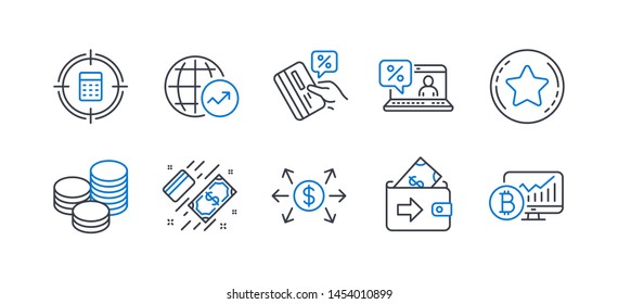 Set of Finance icons, such as Credit card, Loyalty star, Dollar exchange, Payment, Tips, Wallet, World statistics, Calculator target, Online loan, Bitcoin chart line icons. Vector svg