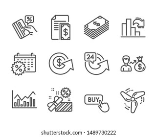 Set of Finance icons, such as Credit card, Dollar, 24 hours, Decreasing graph, Infochart, Dollar exchange, Calendar discounts, Wind energy, Buy button, Sallary, Payment, Sale line icons. Vector