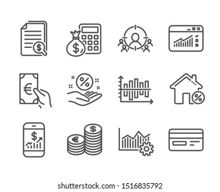 Set of Finance icons, such as Credit card, Finance calculator, Web traffic, Finance, Loan house, Business targeting, Financial documents, Currency, Loan percent, Operational excellence. Vector