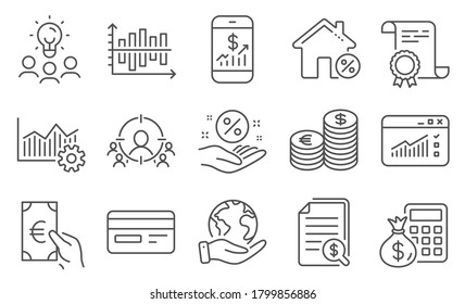 Set of Finance icons, such as Credit card, Finance calculator. Diploma, ideas, save planet. Web traffic, Finance, Loan house. Business targeting, Financial documents, Currency. Vector