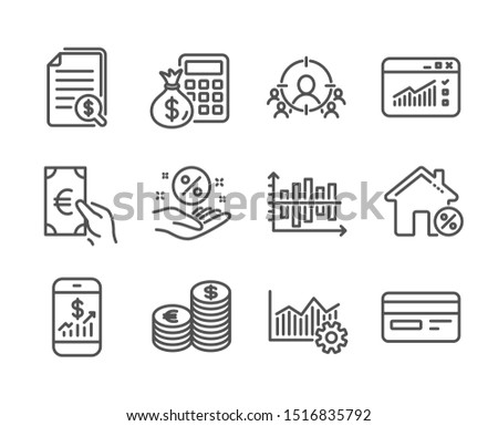 Set of Finance icons, such as Credit card, Finance calculator, Web traffic, Finance, Loan house, Business targeting, Financial documents, Currency, Loan percent, Operational excellence. Vector