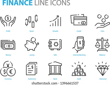 set of finance icons, such as currency, money, coin, statement, balance, safe, bank