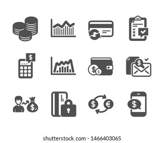 Set of Finance icons, such as Currency exchange, Checklist, Infographic graph, Buying accessory, Tips, Money diagram, Change card, Calculator, Accounting report, Phone payment, Sallary. Vector