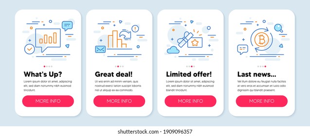 Set of Finance icons, such as Decreasing graph, Loyalty gift, Analytical chat symbols. Mobile screen banners. Refresh bitcoin line icons. Column chart, Bonus award, Communication speech bubble. Vector