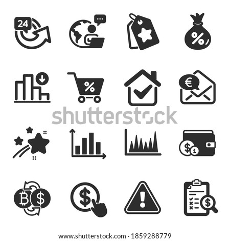 Set of Finance icons, such as Decreasing graph, Accounting report, 24 hours symbols. Buying accessory, Loyalty tags, Diagram graph signs. Euro money, Loan, Buy currency. Bitcoin exchange. Vector