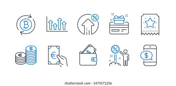 Set of Finance icons, such as Discount, Loyalty ticket, Loan percent, Currency, Refresh bitcoin, Loyalty card, Upper arrows, Wallet, Finance, Phone payment line icons. Line discount icon. Vector