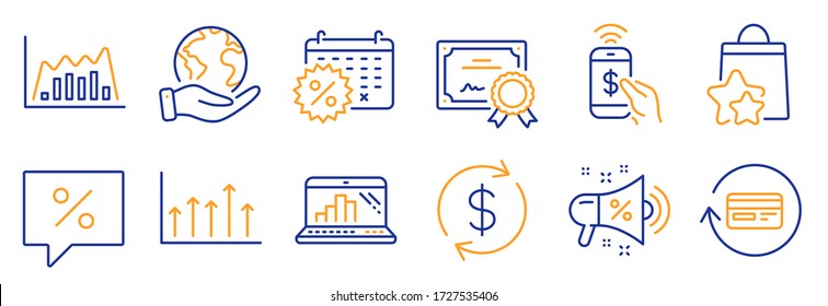 Set of Finance icons, such as Discount message, Phone payment. Certificate, save planet. Calendar discounts, Usd exchange, Growth chart. Graph laptop, Loyalty points, Sale megaphone. Vector