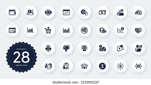 Set of Finance icons, such as Discount, Bitcoin exchange and Dollar rate flat icons. Online discounts, Card, Stress web elements. Calendar, Accounting wealth, World money signs. Circle buttons. Vector