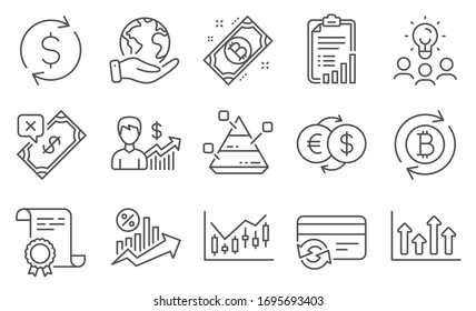 Set of Finance icons, such as Dollar exchange, Upper arrows. Diploma, ideas, save planet. Financial diagram, Checklist, Rejected payment. Refresh bitcoin, Loan percent, Pyramid chart. Vector