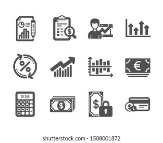 Set of Finance icons, such as Euro currency, Diagram chart, Loan percent, Private payment, Calculator, Payment method, Demand curve, Upper arrows, Accounting report, Success business. Vector