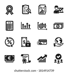 Set of Finance icons, such as Euro currency, Diagram chart. Certificate, approved group, save planet. Loan percent, Private payment, Calculator. Payment method, Demand curve, Upper arrows. Vector