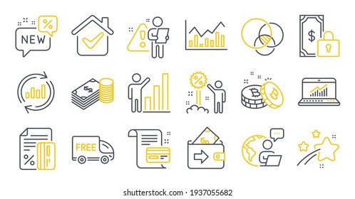 Juego de iconos de Finanzas, como Graph chart, Infochart, símbolos de tarjeta de crédito. Vector