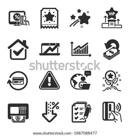 Set of Finance icons, such as Graph, Cashback, Refund commission symbols. Atm, Loyalty ticket, Vip podium signs. Low percent, Online shopping, Sales diagram. Loyalty points flat icons. Vector