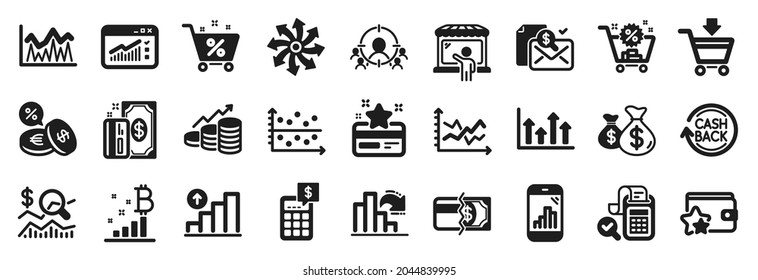 Set of Finance icons, such as Growth chart, Bill accounting, Diagram chart icons. Shopping cart, Calculator, Payment signs. Market seller, Loan percent, Decreasing graph. Bitcoin graph. Vector