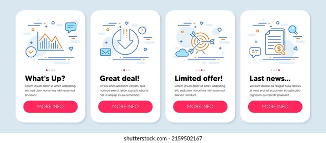Set of Finance icons, such as Investment graph, Target, Download arrow symbols. Mobile screen app banners. Financial documents line icons. Investment infochart, Targeting, Crisis. Check docs. Vector