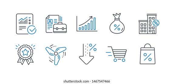 Set of Finance icons, such as Low percent, Wind energy, Graph chart, Checked calculation, Vacancy, Loyalty award, Delivery shopping, Loan, Loan house, Shopping bag line icons. Vector