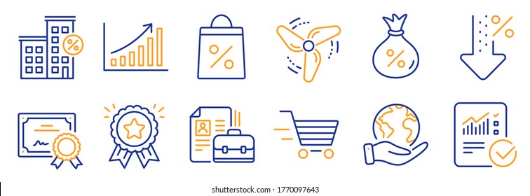 Set Of Finance Icons, Such As Low Percent, Wind Energy. Certificate, Save Planet. Graph Chart, Checked Calculation, Vacancy. Loyalty Award, Delivery Shopping, Loan. Vector