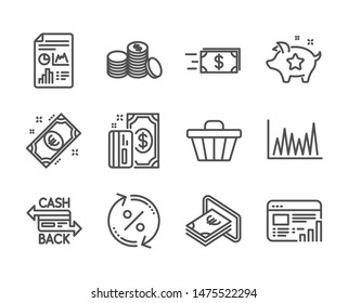 Set of Finance icons, such as Loyalty points, Payment, Line graph, Web report, Cash, Banking money, Euro money, Shop cart, Loan percent, Report document, Cashback card line icons. Vector