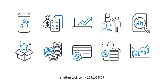 Set of Finance icons, such as Loyalty program, Coins, Bitcoin project, Sales diagram, Change card, Shopping bags, Analytics graph, Mobile finance, Accounting wealth, Financial diagram. Vector