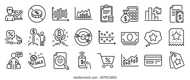 Set of Finance icons, such as Loyalty ticket, No cash, Delivery discount icons. Success business, Sale, Income money signs. Decreasing graph, Analytics chart, Targeting. Payment, Dot plot. Vector