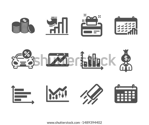 Set of Finance icons, such as Manager, Calendar,\
Credit card, Calendar graph, Financial diagram, Horizontal chart,\
Diagram graph, Banking money, Car leasing, Loyalty card, Growth\
chart. Vector