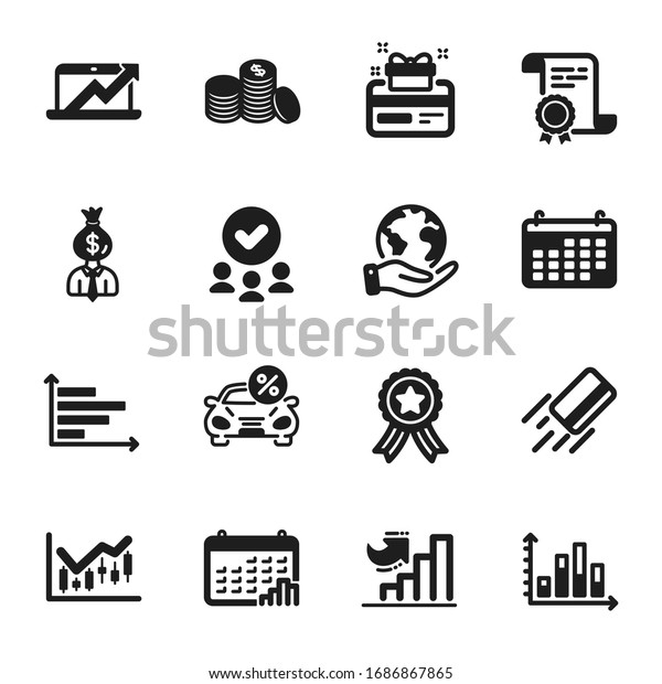 Set of Finance icons, such as Manager, Calendar.\
Certificate, approved group, save planet. Credit card, Calendar\
graph, Financial diagram. Horizontal chart, Diagram graph, Banking\
money. Vector