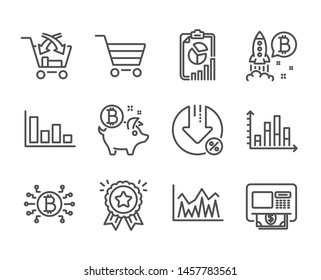 Set of Finance icons, such as Market sale, Investment, Bitcoin coin, Cross sell, Loyalty award, Report, Bitcoin system, Diagram graph, Histogram, Loan percent, Atm line icons. Market sale icon. Vector