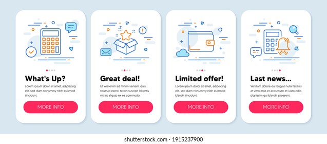 Set of Finance icons, such as Money wallet, Loyalty program, Calculator symbols. Mobile screen app banners. Calculator alarm line icons. Payment method, Bonus star, Accounting device. Vector