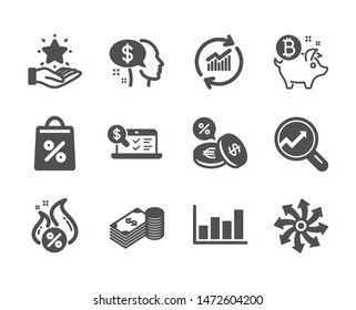 Set of Finance icons, such as Online accounting, Savings, Hot loan, Loyalty program, Versatile, Bitcoin coin, Update data, Pay, Shopping bag, Report diagram, Currency exchange, Analytics. Vector