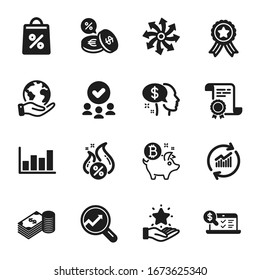 Set of Finance icons, such as Online accounting, Savings. Certificate, approved group, save planet. Hot loan, Loyalty program, Versatile. Bitcoin coin, Update data, Pay. Vector