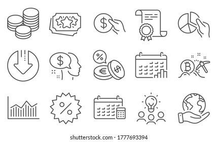 Set of Finance icons, such as Pay, Download arrow. Diploma, ideas, save planet. Bitcoin mining, Discount, Loyalty points. Calendar, Payment, Pie chart. Calendar graph, Tips, Money diagram. Vector