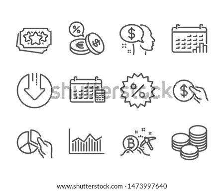 Set of Finance icons, such as Pay, Download arrow, Bitcoin mining, Discount, Loyalty points, Calendar, Payment, Pie chart, Calendar graph, Tips, Money diagram, Currency exchange. Pay icon. Vector