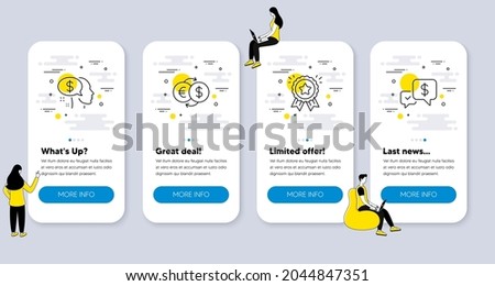 Set of Finance icons, such as Pay, Loyalty award, Money exchange icons. UI phone app screens with people. Payment received line symbols. Beggar, Bonus medal, Eur to usd. Money. Vector