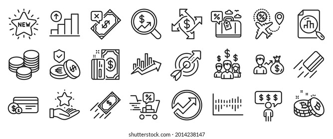 Juego de iconos de Finanzas, como Pagos, Préstamo de Viajes, Iconos de Salario. Seguro de ahorro, Graph chart, carteles del programa de lealtad. Consejos, gráfico de crecimiento, pago rechazado. Descuentos en carreta, Bitcoin. Vector