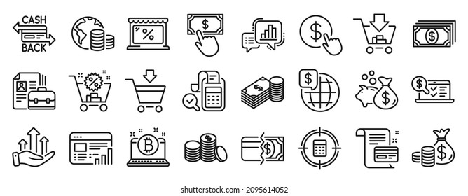 Set of Finance icons, such as Payment card, Shopping cart, Online market icons. Bitcoin, Web report, Online accounting signs. Buy currency, Banking money, Cashback card. Savings, Budget. Vector