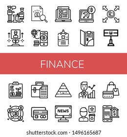 Set of finance icons such as Presentation, Growth, Report, Bitcoin, Rules, Bill, Euro, Home team, Analytics, Blockchain, Briefcase, Credit card, Pyramid, News, Statistics , finance
