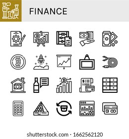 Set of finance icons. Such as Presentation, Job, Diagram, Abacus, Bill, Money, Bitcoin, Startup, Analysis, Sign, Card, Review, Invoice, Drawer, Calculator, Pyramids , finance icons