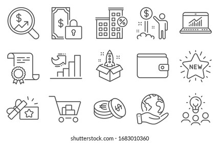 Conjunto de iconos de Finanzas, como Pago Privado, Estadísticas en línea. Diploma, ideas, salva el planeta. Dinero de ingresos, Casa de préstamos, Startup. Regalo de fidelidad, carta de crecimiento, billetera monetaria. Vector