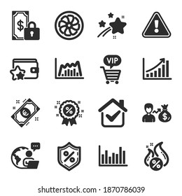 Set von Finanz-Symbolen, wie Private Zahlung, Infografik, Hot-Lire-Symbole. Lüftermotor, Sallary, Zeichen des Treueprogramms. Balkendiagramm, Kreditsatz, Rabatt. Euro-Geld, Grafik-Chart. Vektorgrafik