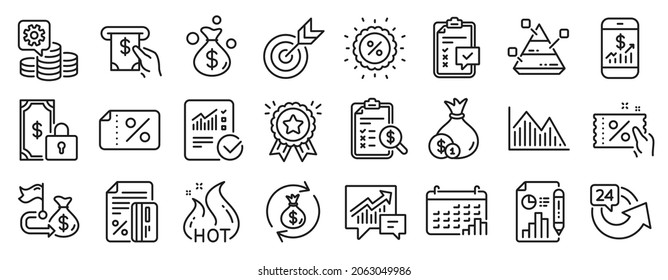 Juego de iconos de Finanzas, como Pago Privado, Ganar dinero, Iconos de Target. Indicadores de contabilidad, descuento, lista de comprobación. Gráfico de pirámide, tarjeta de crédito, gráfico de calendario. Documento de informe, servicio Atm. Vector