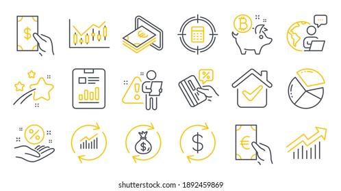 Juego de iconos de Finanzas, como Recibir dinero, Intercambio Usd, Mostrar símbolos de documento. Efectivo, diagrama financiero, signos de actualización de datos. Cambio de dinero, finanzas, gráfico circular. Iconos de la línea de moneda de Bitcoin. Vector